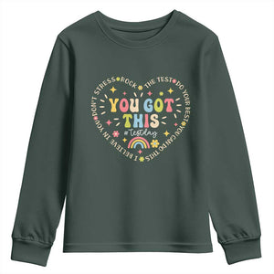 Funny Test Day You Got This Youth Sweatshirt Testing Day Rock The Test Do Your Best Heart TS11 Dark Forest Green Print Your Wear