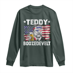 Funny Theodore Roosevelt 4th Of July Long Sleeve Shirt Teddy Boozedevelt Drinking American Flag TS10 Dark Forest Green Print Your Wear