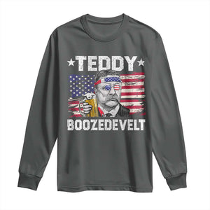 Funny Theodore Roosevelt 4th Of July Long Sleeve Shirt Teddy Boozedevelt Drinking American Flag TS10 Dark Heather Print Your Wear