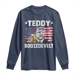 Funny Theodore Roosevelt 4th Of July Long Sleeve Shirt Teddy Boozedevelt Drinking American Flag TS10 Navy Print Your Wear