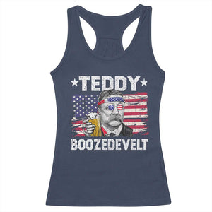 Funny Theodore Roosevelt 4th Of July Racerback Tank Top Teddy Boozedevelt Drinking American Flag TS10 Navy Print Your Wear