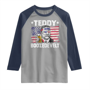 Funny Theodore Roosevelt 4th Of July Raglan Shirt Teddy Boozedevelt Drinking American Flag TS10 Sport Gray Navy Print Your Wear