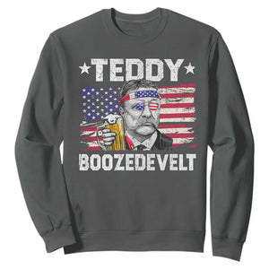 Funny Theodore Roosevelt 4th Of July Sweatshirt Teddy Boozedevelt Drinking American Flag TS10 Dark Heather Print Your Wear