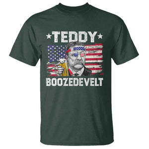 Funny Theodore Roosevelt 4th Of July T Shirt Teddy Boozedevelt Drinking American Flag TS10 Dark Forest Green Print Your Wear