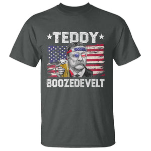 Funny Theodore Roosevelt 4th Of July T Shirt Teddy Boozedevelt Drinking American Flag TS10 Dark Heather Print Your Wear