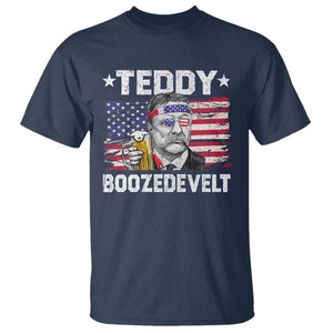 Funny Theodore Roosevelt 4th Of July T Shirt Teddy Boozedevelt Drinking American Flag TS10 Navy Print Your Wear