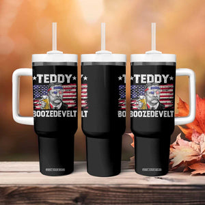 Funny Theodore Roosevelt 4th Of July Tumbler With Handle Teddy Boozedevelt Drinking American Flag TS10 Print Your Wear