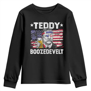 Funny Theodore Roosevelt 4th Of July Youth Sweatshirt Teddy Boozedevelt Drinking American Flag TS10 Black Print Your Wear