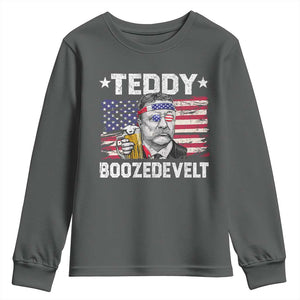 Funny Theodore Roosevelt 4th Of July Youth Sweatshirt Teddy Boozedevelt Drinking American Flag TS10 Dark Heather Print Your Wear