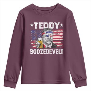 Funny Theodore Roosevelt 4th Of July Youth Sweatshirt Teddy Boozedevelt Drinking American Flag TS10 Maroon Print Your Wear