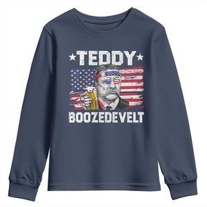 Funny Theodore Roosevelt 4th Of July Youth Sweatshirt Teddy Boozedevelt Drinking American Flag TS10 Navy Print Your Wear