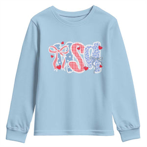 Funny USA Patriotic 4th of July Coquette Bow Youth Sweatshirt TS11 Light Blue Print Your Wear