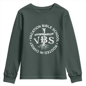 Funny VBS Vacation Bible School Rooted In Christ Youth Sweatshirt TS11 Dark Forest Green Print Your Wear