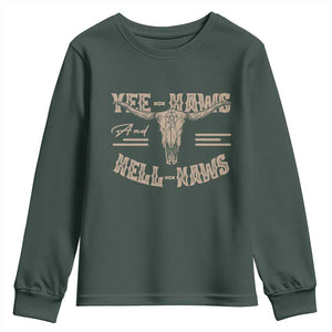 Funny Yee Haws And Hell Naws Youth Sweatshirt Western Country Cowboy Longhorn Skull TS11 Dark Forest Green Print Your Wear