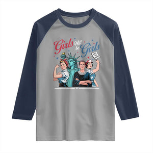 Girl Will be Girls Patriotic Feminist 4th of July Raglan Shirt TS11 Sport Gray Navy Print Your Wear