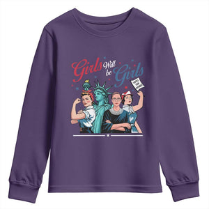 Girl Will be Girls Patriotic Feminist 4th of July Youth Sweatshirt TS11 Purple Print Your Wear