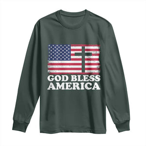 God Bless America Long Sleeve Shirt Cross USA Flag Patriotic 4th of July Christian TS10 Dark Forest Green Print Your Wear