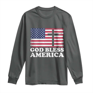 God Bless America Long Sleeve Shirt Cross USA Flag Patriotic 4th of July Christian TS10 Dark Heather Print Your Wear