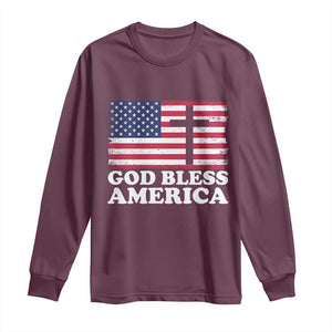 God Bless America Long Sleeve Shirt Cross USA Flag Patriotic 4th of July Christian TS10 Maroon Print Your Wear