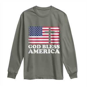 God Bless America Long Sleeve Shirt Cross USA Flag Patriotic 4th of July Christian TS10 Military Green Print Your Wear