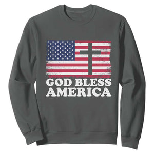 God Bless America Sweatshirt Cross USA Flag Patriotic 4th of July Christian TS10 Dark Heather Print Your Wear