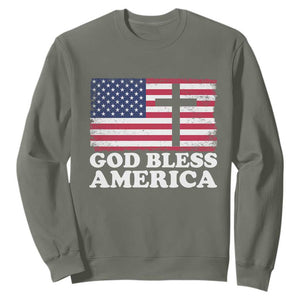 God Bless America Sweatshirt Cross USA Flag Patriotic 4th of July Christian TS10 Military Green Print Your Wear