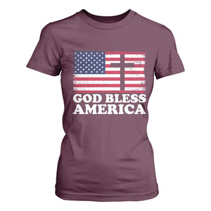 God Bless America T Shirt For Women Cross USA Flag Patriotic 4th of July Christian TS10 Maroon Print Your Wear