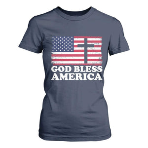 God Bless America T Shirt For Women Cross USA Flag Patriotic 4th of July Christian TS10 Navy Print Your Wear