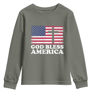 God Bless America Youth Sweatshirt Cross USA Flag Patriotic 4th of July Christian TS10 Military Green Print Your Wear