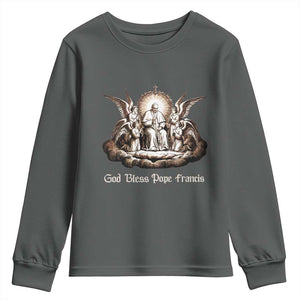 God Bless Pope Francis Youth Sweatshirt Memorial Angel Catholic Faith & Unity TS02 Dark Heather Print Your Wear