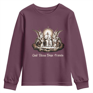 God Bless Pope Francis Youth Sweatshirt Memorial Angel Catholic Faith & Unity TS02 Maroon Print Your Wear