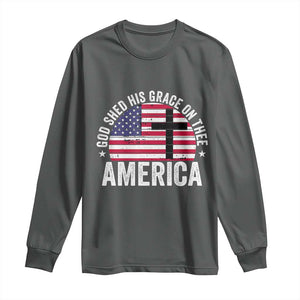 God Shed His Grace On Thee Long Sleeve Shirt Vintage Patriotic Christian USA Flag Cross TS10 Dark Heather Print Your Wear