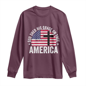 God Shed His Grace On Thee Long Sleeve Shirt Vintage Patriotic Christian USA Flag Cross TS10 Maroon Print Your Wear