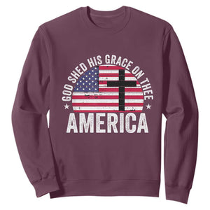 God Shed His Grace On Thee Sweatshirt Vintage Patriotic Christian USA Flag Cross TS10 Maroon Print Your Wear