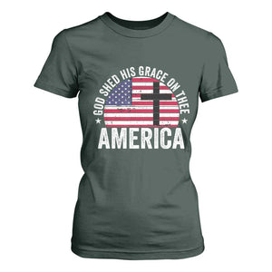 God Shed His Grace On Thee T Shirt For Women Vintage Patriotic Christian USA Flag Cross TS10 Dark Forest Green Print Your Wear