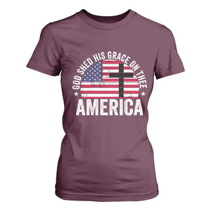 God Shed His Grace On Thee T Shirt For Women Vintage Patriotic Christian USA Flag Cross TS10 Maroon Print Your Wear