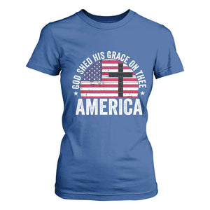 God Shed His Grace On Thee T Shirt For Women Vintage Patriotic Christian USA Flag Cross TS10 Royal Blue Print Your Wear