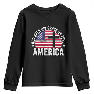 God Shed His Grace On Thee Youth Sweatshirt Vintage Patriotic Christian USA Flag Cross TS10 Black Print Your Wear