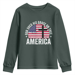 God Shed His Grace On Thee Youth Sweatshirt Vintage Patriotic Christian USA Flag Cross TS10 Dark Forest Green Print Your Wear