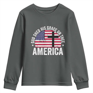 God Shed His Grace On Thee Youth Sweatshirt Vintage Patriotic Christian USA Flag Cross TS10 Dark Heather Print Your Wear