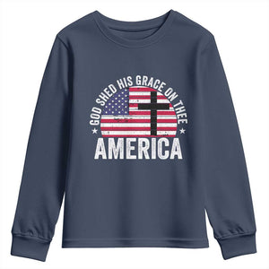 God Shed His Grace On Thee Youth Sweatshirt Vintage Patriotic Christian USA Flag Cross TS10 Navy Print Your Wear