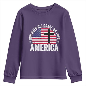 God Shed His Grace On Thee Youth Sweatshirt Vintage Patriotic Christian USA Flag Cross TS10 Purple Print Your Wear