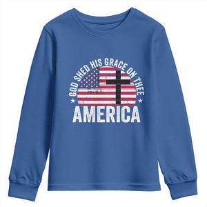 God Shed His Grace On Thee Youth Sweatshirt Vintage Patriotic Christian USA Flag Cross TS10 Royal Blue Print Your Wear