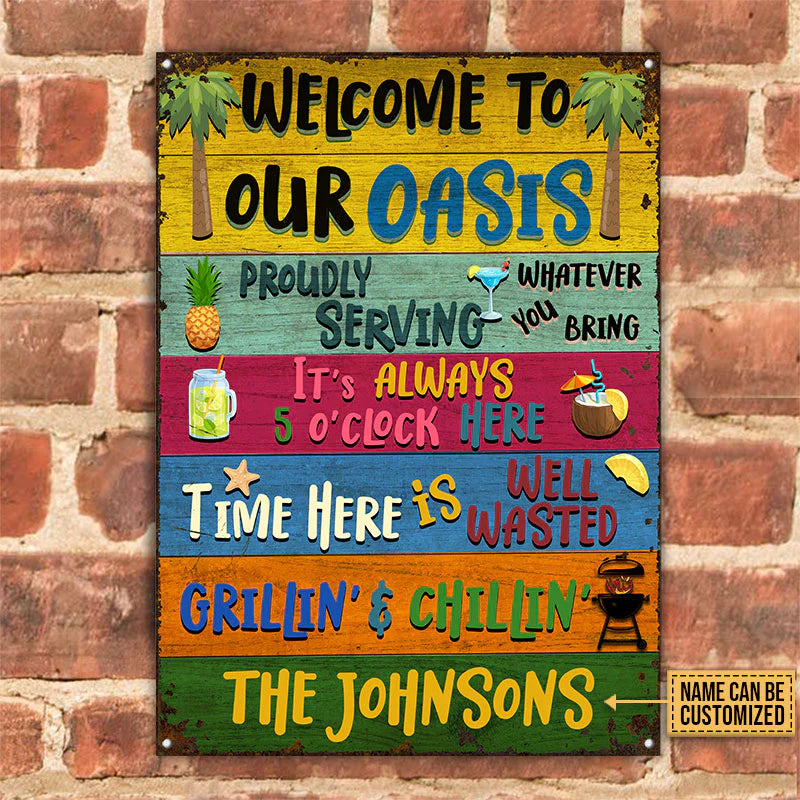 Personalized Metal Sign Grilling Welcome To Our Oasis CTM One Size 24x18 inch (60.96x45.72 cm) Custom - Printyourwear