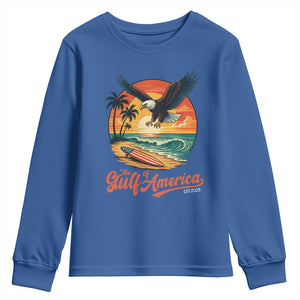 Gulf of USA 2025 Bald Eagle Youth Sweatshirt Vintage Patriotic Beach Sunset 4th Of July TS02 Royal Blue Print Your Wear
