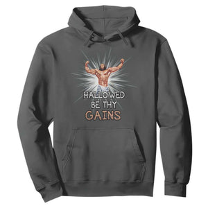 Hallowed Be Thy Gains Hoodie Funny Jesus Workout Motivation Bodybuilding Fitness TS02 Dark Heather Print Your Wear