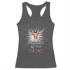 Hallowed Be Thy Gains Racerback Tank Top Funny Jesus Workout Motivation Bodybuilding Fitness TS02 Dark Heather Print Your Wear