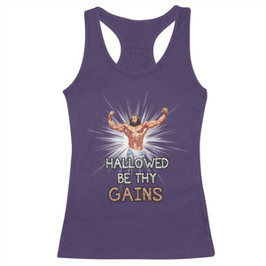 Hallowed Be Thy Gains Racerback Tank Top Funny Jesus Workout Motivation Bodybuilding Fitness TS02 Purple Print Your Wear