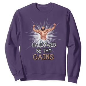 Hallowed Be Thy Gains Sweatshirt Funny Jesus Workout Motivation Bodybuilding Fitness TS02 Purple Print Your Wear