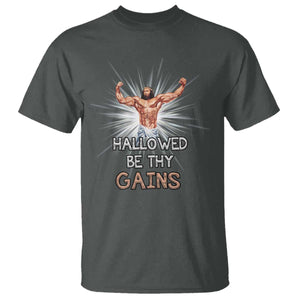 Hallowed Be Thy Gains T Shirt Funny Jesus Workout Motivation Bodybuilding Fitness TS02 Dark Heather Print Your Wear